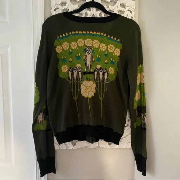 The Knitted Dove Who's Who Owl Wool Blend Sweater Cardigan Artsy Teacher Sz L - Picture 6 of 10